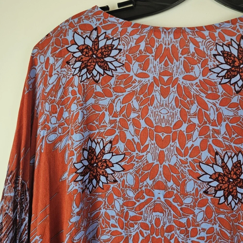 Free People Pumpkin Orange Blue Birds of a Feather Top Blouse L Oversized Boho
